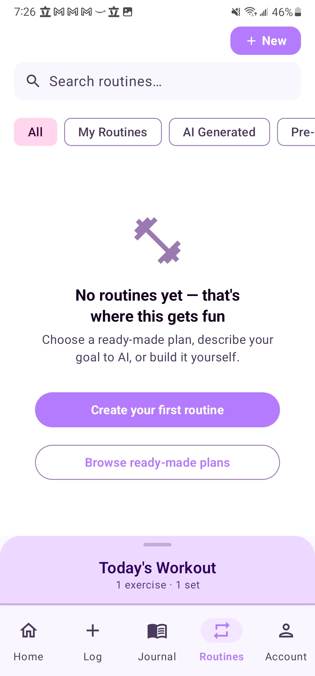 Routines screen with saved templates and plan builder